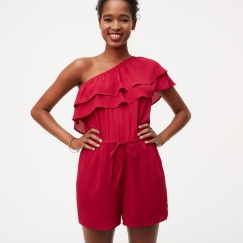 NWT Loft One-Shoulder Ruffle Romper Magenta - Picture 2 of 11